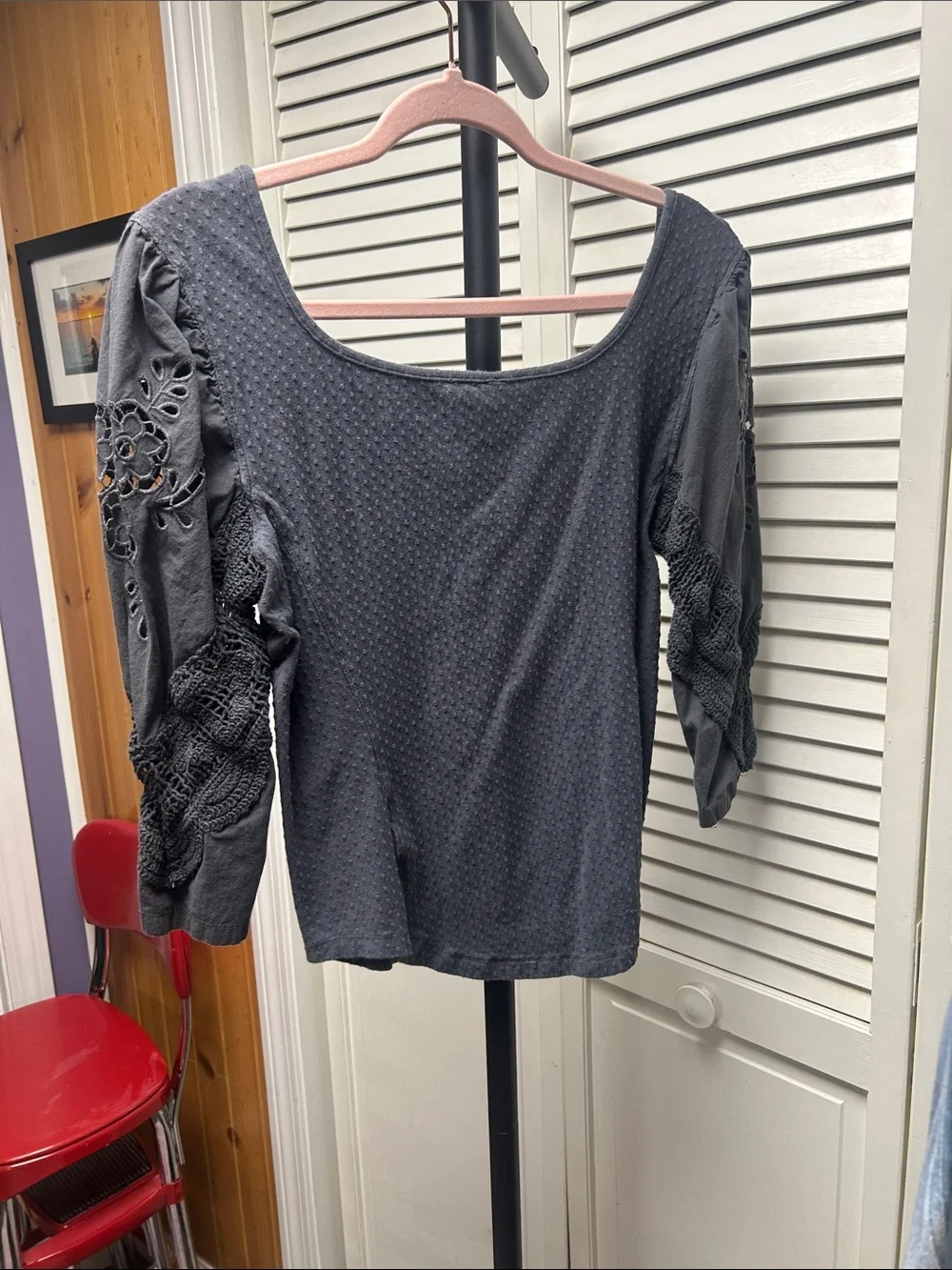 Free People Charcoal Gray Textured Scoop-Neck Blouse